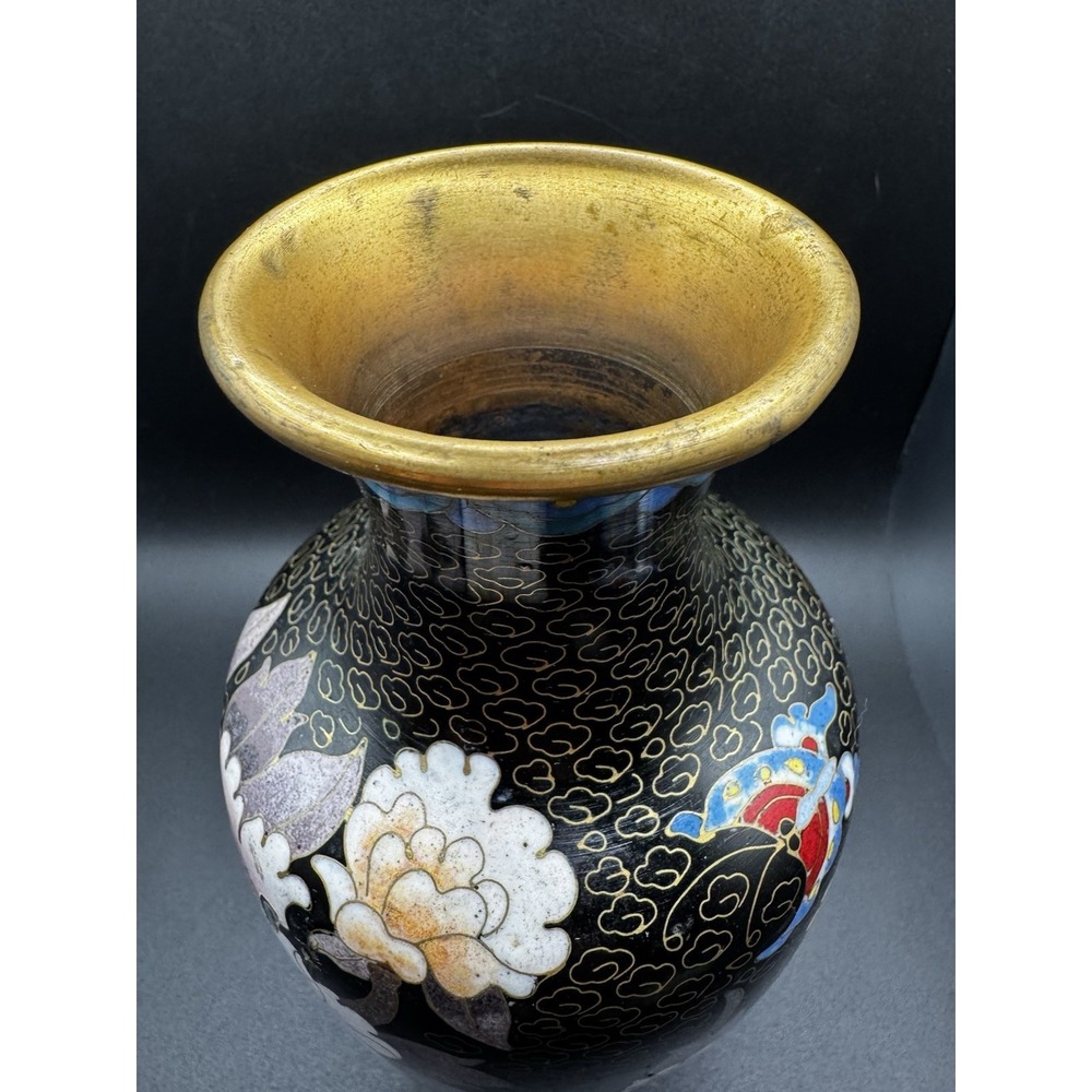 Vintage Brass And Cloisonne Vase China - 8" Flowers Butterfly - Pink & Yellow - Picture 6 of 13
